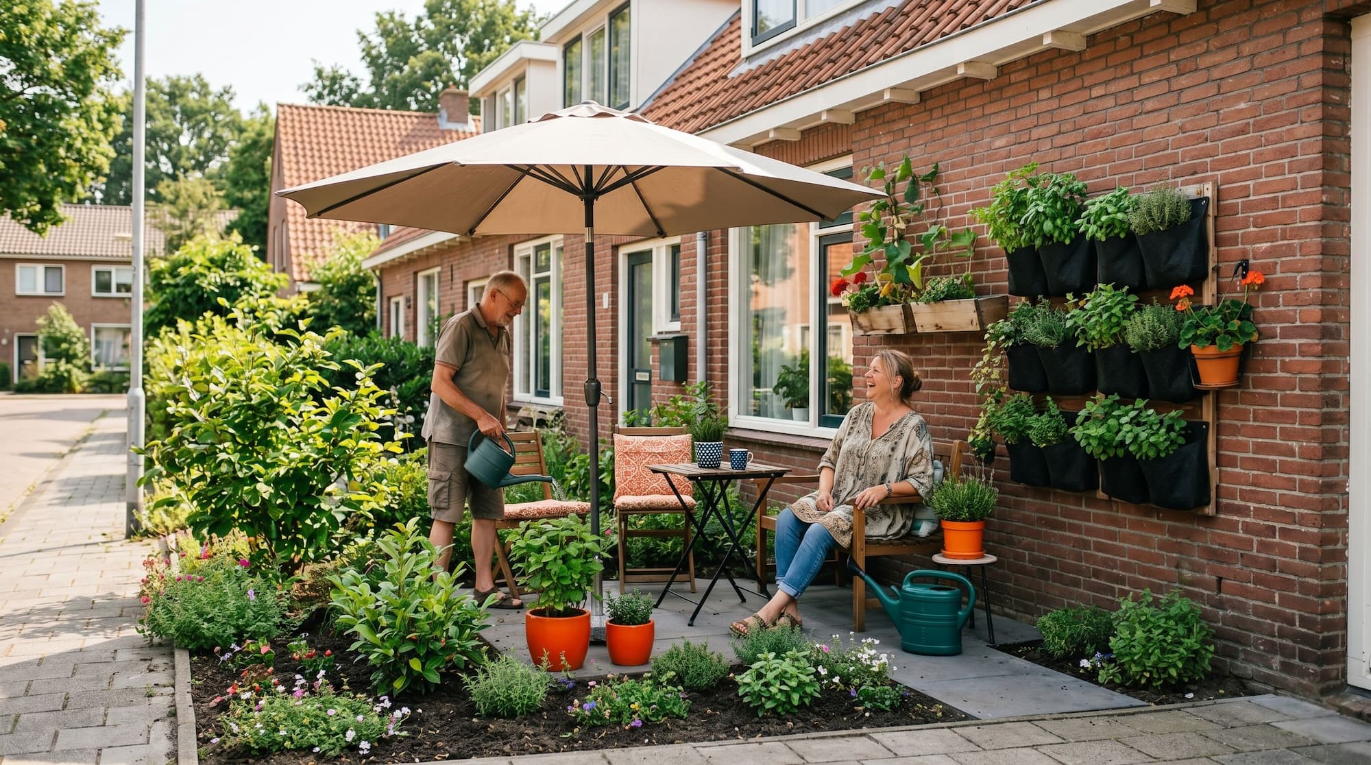 Twee mensen in een mooie groene tuin.