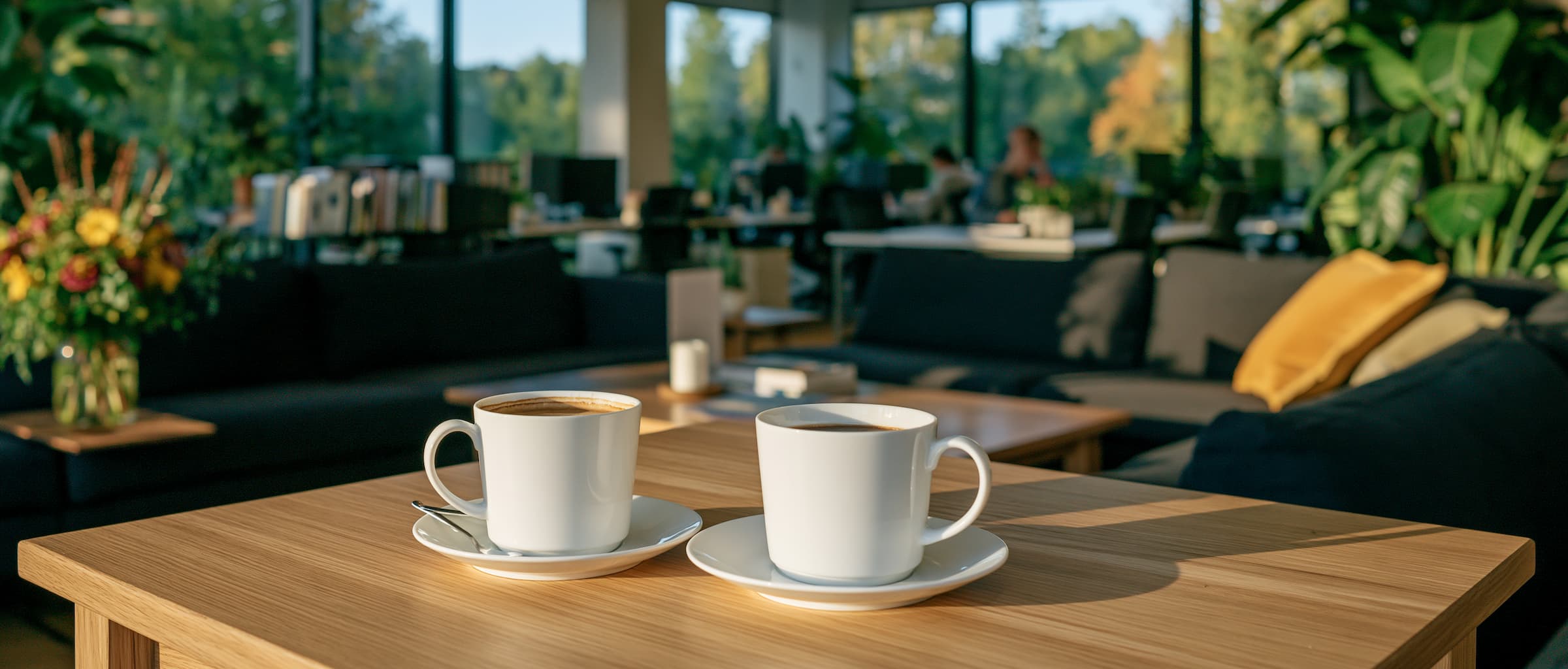 AI gegenereerde foto van twee kopjes koffie in een kantoor.